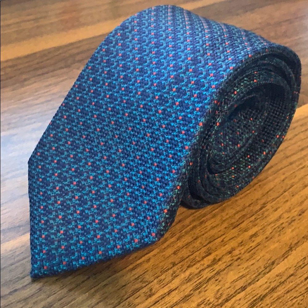 Brioni tie - woven - blue & turquoise w/ red dots
